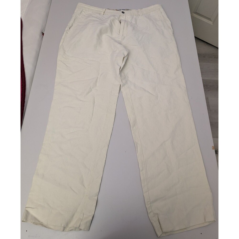 Tommy Bahama Mens Linen Tencel Flat Front Pants Cream Beige Casual Resort 36x32